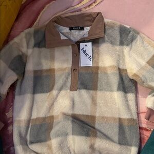 Women's Plaid Cardigan Sweater - Cream and Tan